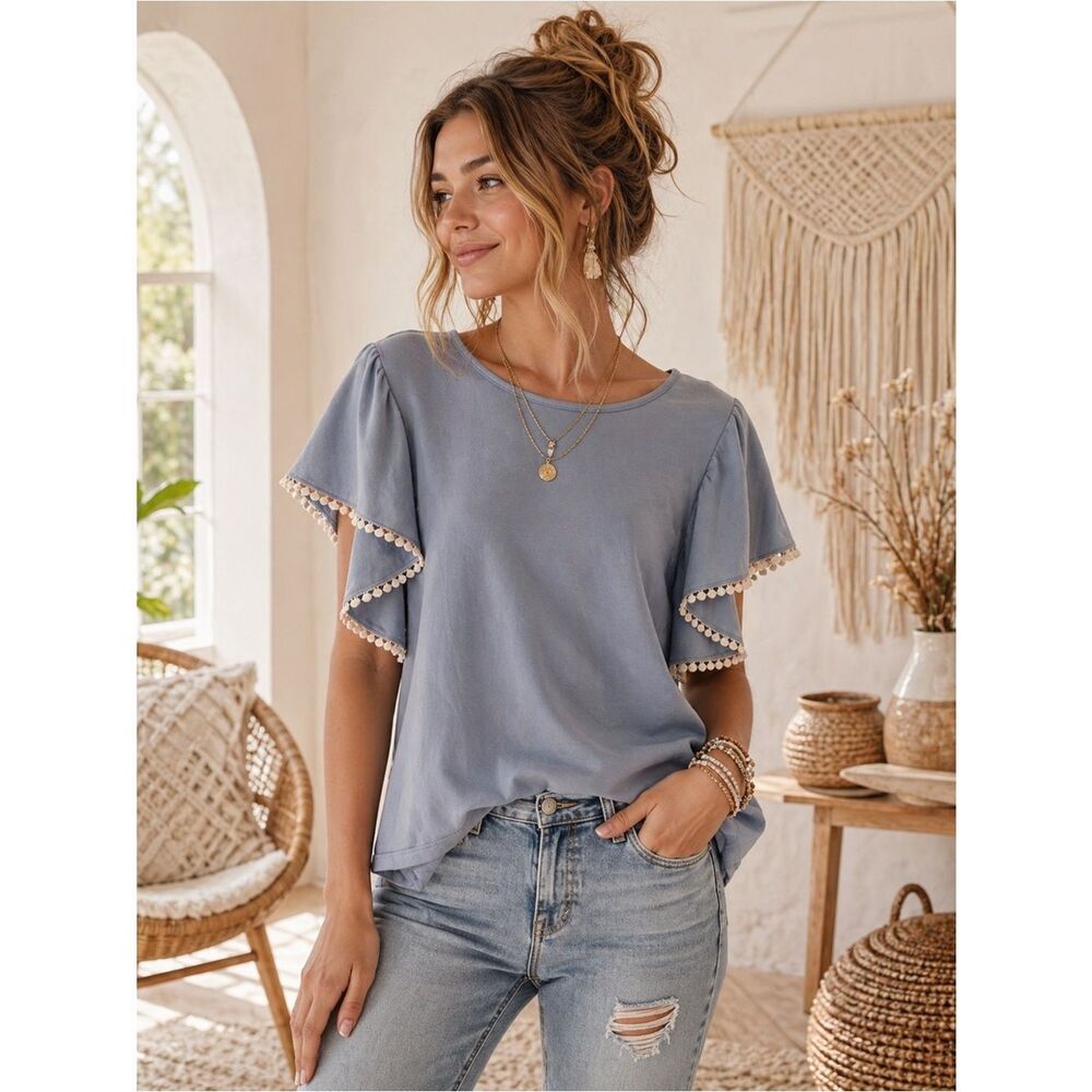 Anthropologie You & Me Light Blue Blouse with Delicate Trim